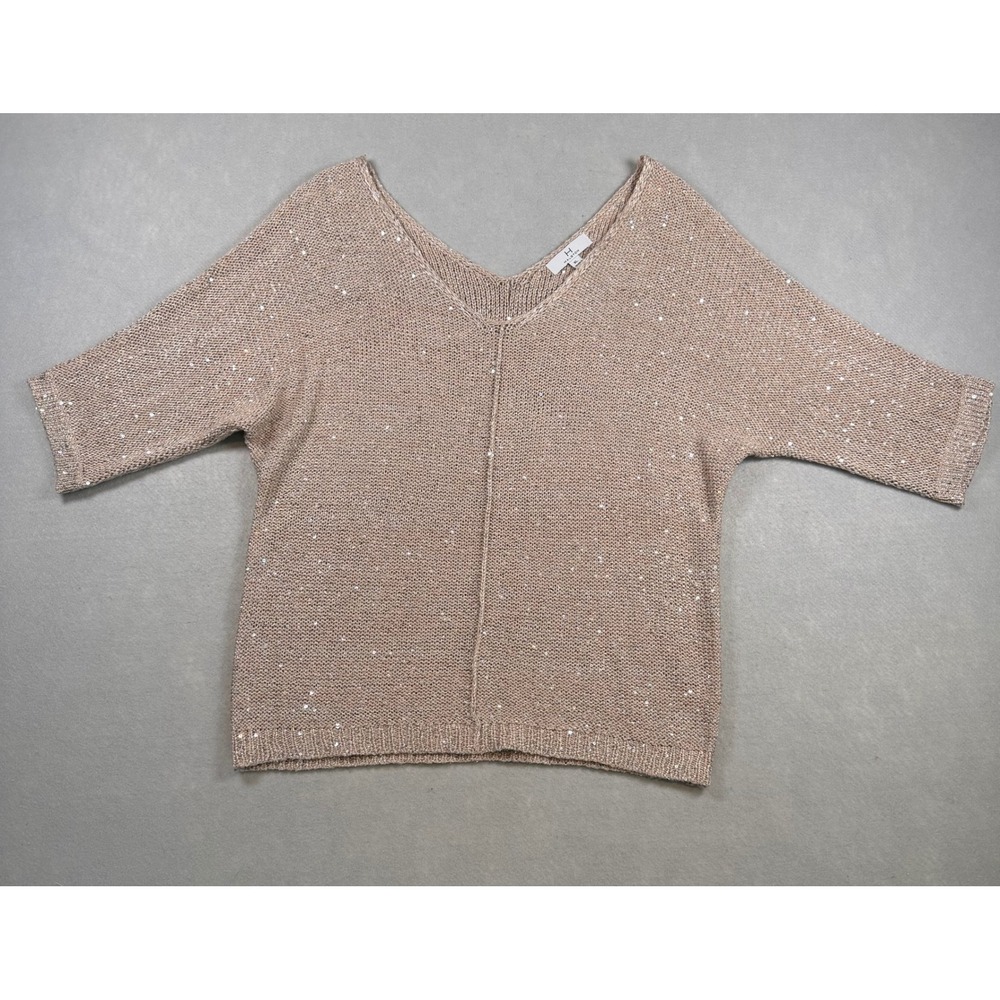 H by Halston Women XL Rose Gold Sequin Metallic Knit V-Neck Sweater Top Sparkle